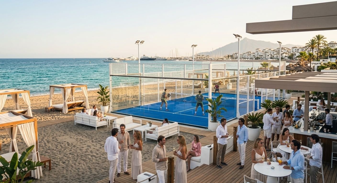 Club de playa en Marbella con una pista de pádel sobre la arena y el mar al fondo